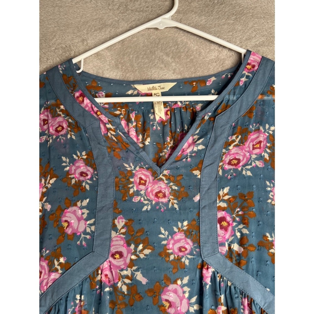 Matilda Jane Women Blue Pink Floral Rose Clip Dot‎ Tunic Dress L Boho High Low - Picture 3 of 10